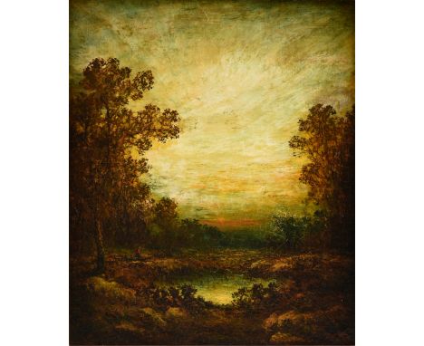 HUDSON MINDELL KITCHELL (1862-1944) A PAINTING, "Landscape with Sunrise," 1927, oil on canvas, signed and dated L/R. 29 1/2" 