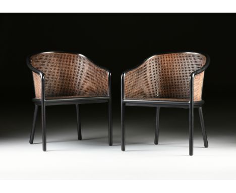 A SET OF FOUR WARD BENNETT CANED ARMCHAIRS, SIGNED, DESIGNS FOR BRICKEL ASSOCIATES, NEW YORK, 1964-1993, black oil stained wo