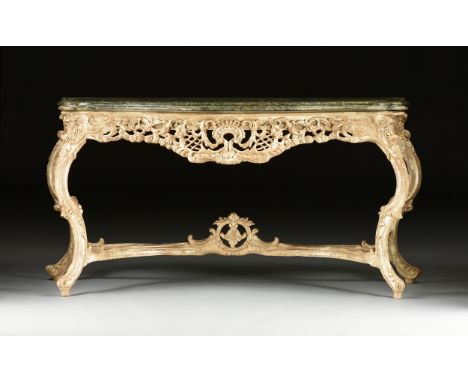 A LOUIS XV STYLE MARBLE TOPPED AND PAINTED WOOD CONSOLE TABLE, 20TH CENTURY, the serpentine rectangular variegated green marb