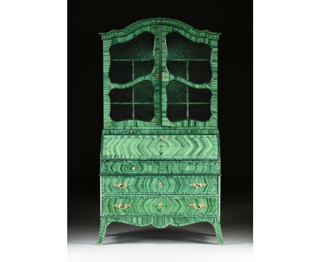 A GERMAN ROCOCO STYLE FAUX MALACHITE PAINTED SECRETARY BOOKCASE, 20TH CENTURY, the realistically painted serpentine arched mo