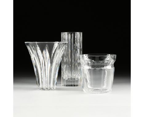 TWO BACCARAT CRYSTAL VASES AND ONE CRYSTAL ICE BUCKET, LATE 20TH CENTURY, comprising a Baccarat cylindrical "Harmony" vase wi