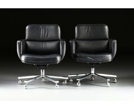 A PAIR OF MODERN "PALLADIUM" BLACK LEATHER SOFT PAD SWIVEL CHAIRS, BY THE BARRIT FURNITURE CORP., PHILADELPHIA, 1986, each wi