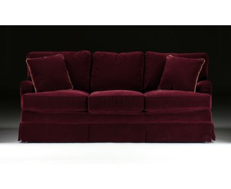 A HENREDON PURPLE VELVET UPHOLSTERED WITH WELT TRIM SOFA, NORTH CAROLINA, LATE 20TH CENTURY, a custom ordered deep amethyst v