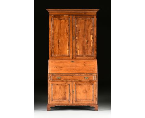 A GEORGE III STYLE YEW WOOD SLANT FRONT SECRETARY BOOKCASE CABINET, 19TH CENTURY, with a rectangular molded cornice above a p