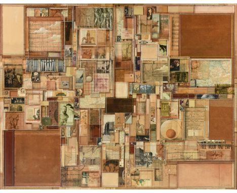 RODERICK SLATER (American 1937-2019) A COLLAGE, "Looking Back," acrylic paint, paper, ink, cloth, foil, marble dust, and muse