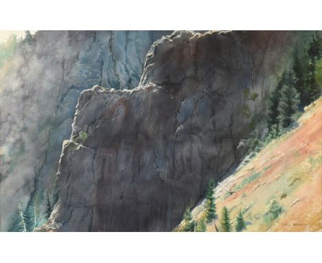 MERRILL DEAN MAHAFFEY (American b. 1937) A PAINTING, "Afternoon by the Rocky Formation with Evergreens," watercolor on paper,
