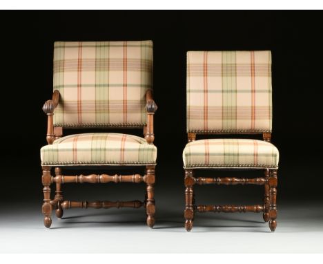 A SET OF SIX BAROQUE STYLE PLAID UPHOLSTERED AND CARVED WALNUT DINING CHAIRS, MODERN, each with a rectangular padded back abo