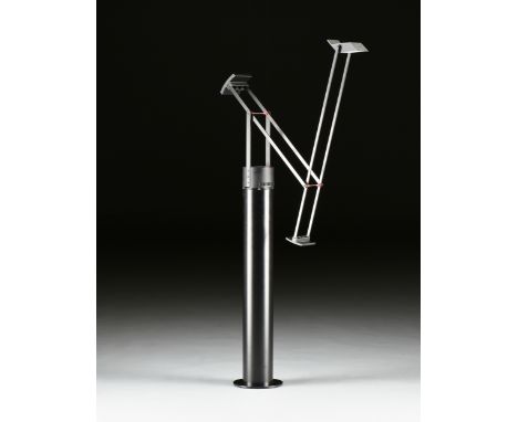 A "TIZIO" TABLE LAMP ON STAND, RICHARD SAPPER FOR ARTEMIDE, MADE IN ITALY, DESIGNED 1972, aluminum, chromed steel, red molded