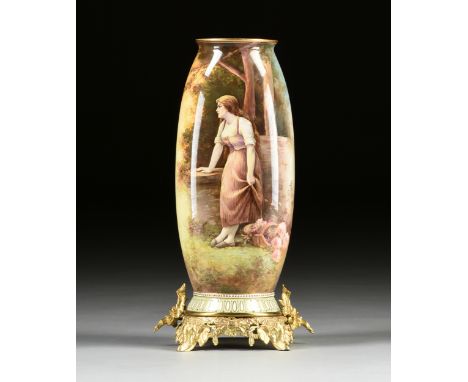 A ROYAL BONN GILT METAL MOUNTED HANDPAINTED POTTERY VASE, SIGNED, GERMAN, 19TH CENTURY, of compressed ovoid form and a gilt r