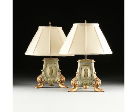 A PAIR OF ITALIAN BAROQUE STYLE GILT PAINTED WOOD CANDLESTICK BASE LAMPS, 20TH CENTURY, tripod bases with cabochon relief sid