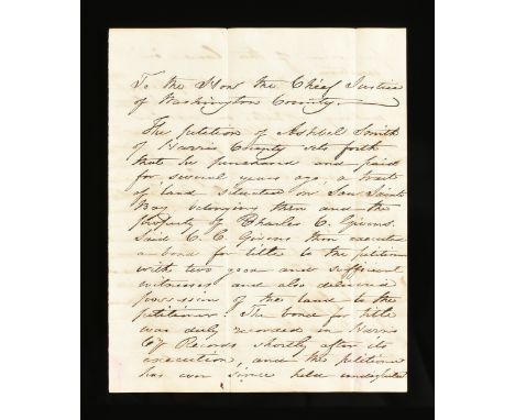 A REPUBLIC OF TEXAS MANUSCRIPT, DEED REQUEST FOR LAND TITLE VALIDATION, ASHBEL SMITH AND CHARLES C. GIVENS OF HARRIS COUNTY T