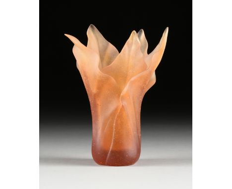 A DAUM AMBER PÃ‚TE DE VERRE CRYSTAL "TULIP" VASE, SIGNED, LATE 20TH CENTURY, of long Tulip rippling leaves form, verso engrav