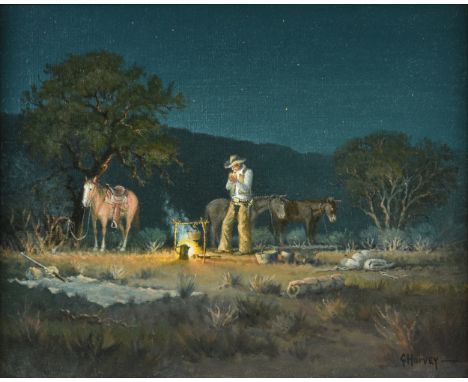 GERALD "G. HARVEY" JONES (American 1933-2017) A PAINTING, "The Lone Camper, Starry Night," oil on canvas, signed L/R, verso a
