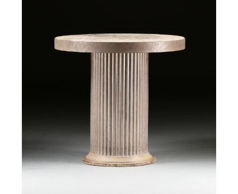 A MODERNIST MARBLE AND IRON GARDEN TERRACE TABLE, LATE 20TH CENTURY, an inset fleur de pÃªche style variegated pale pink and 