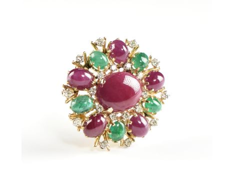 A VINTAGE FRENCH YELLOW GOLD, DIAMOND, RUBELLITE, AND TOURMALINE BROOCH, MID 20TH CENTURY, a large central oval ruby cabochon