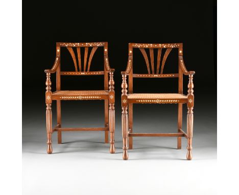 A SET OF SIX SPANISH COLONIAL FILIPINO BONE INLAID AND CANED NARRA WOOD ARMCHAIRS, BULACAN PROVINCE, EARLY 19TH CENTURY, each