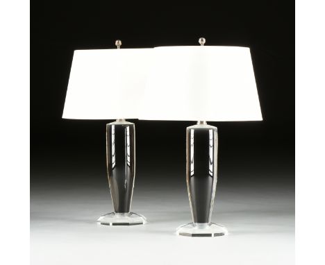 A PAIR OF VISUAL COMFORT AND CO. CONTEMPORARY CRYSTAL AND LUCITE LAMPS, each with a cylindrical silverplated metal neck on a 