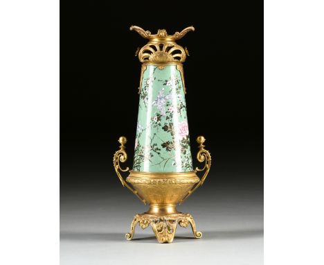 AN ENGLISH AESTHETIC MOVEMENT GILT METAL MOUNTED MAJOLICA VASE, 1870s, of inverted conical form and sides enameled with Blue 