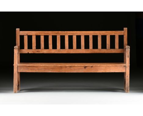 A SOUTHERN AMERICAN PINE AND CYPRESS BENCH, 18TH/19TH CENTURY, a flat rail back with vertical splats joined to posts that ext
