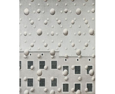 A BELGIAN SURREALIST STYLE PAINTING, "It's Raining Eggs," 20TH CENTURY, oil on masonite, signed indistinctly L/R. 33" x 26 1/