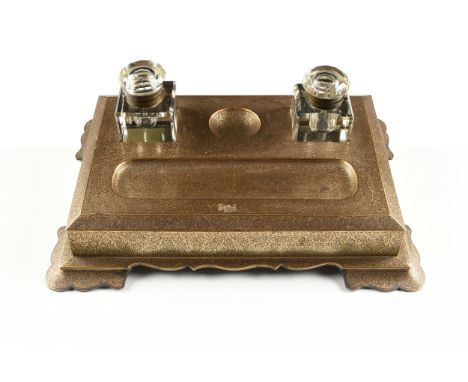A FINE PERSIAN GOLD INLAID STEEL INKSTAND, POSSIBLY QAJAR, 19TH CENTURY, of rectangular form and two square beveled glass ink