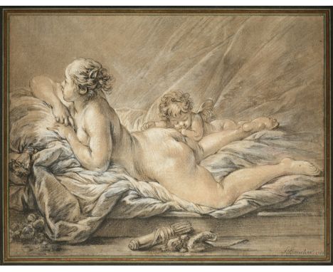 attributed to FRANCOIS BOUCHER (French 1703-1770) A DRAWING, "Venus AllongÃ©e et Cupid," CIRCA 1762, charcoal and chalk on cr