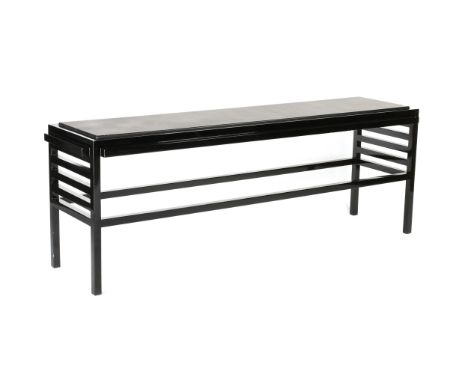 A VIENNA SECESSIONIST STYLE BLACK LACQUERED WOOD AND LEATHER TOPPED CONSOLE TABLE, MODERN, the rectangular black leather top 