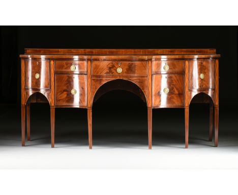 A GEORGE III FLAME MAHOGANY SIDEBOARD, POSSIBLY SCOTTISH, LATE 18TH CENTURY, the undulating breakfront rectangular top with a
