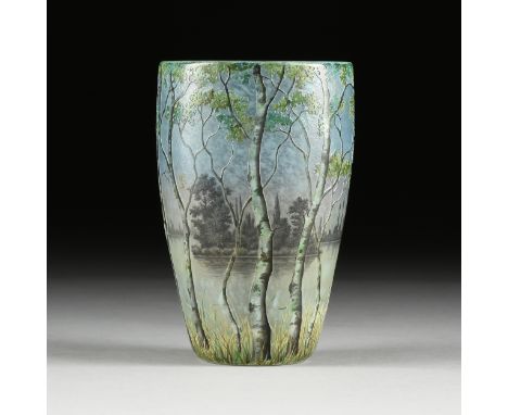 A DAUM NANCY ACID ETCHED AND ENAMELED GLASS LAKESHORE VASE, SIGNED, EARLY 20TH CENTURY, with finely enameled sides depicting 