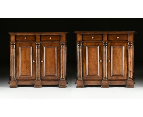 A PAIR OF TALL KREISS "NAPOLI" DARK STAINED WOOD BUFFETS, MODERN, each with a rectangular top within molded trim above a two 