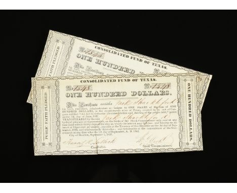 A PAIR OF TWO REPUBLIC OF TEXAS NOTES, $100 CONSOLIDATED FUND OF TEXAS CERTIFICATE ISSUED TO JACK SHACKELFORD, SIGNED BY FRAN