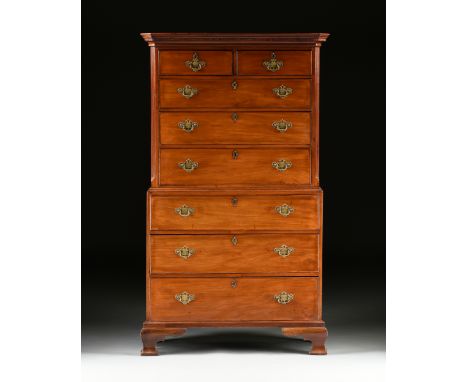 AN AMERICAN CHIPPENDALE MAHOGANY CHEST-ON-CHEST, LATE 18TH CENTURY, the tapering molded cornice with dentilated banding and c