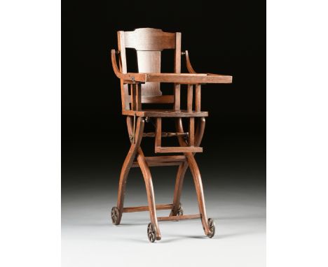 AN ANTIQUE OAK MECHANICAL BABY HIGH CHAIR STROLLER, EARLY 20TH CENTURY, with adjusting lever for various heights and tray. He