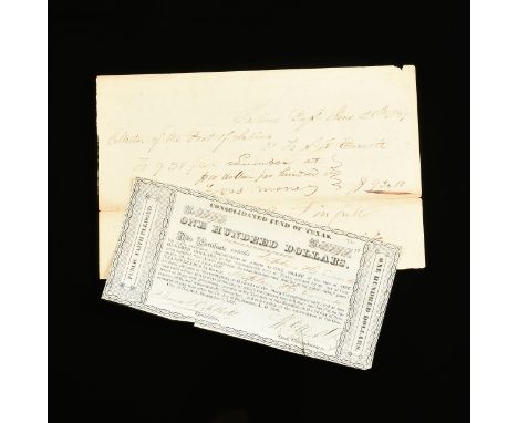 A TWO PIECE TEXAS REPUBLIC NOTE AND MANUSCRIPT RECEIPT, FOR A $100 CONSOLIDATED FUND OF TEXAS CERTIFICATE AND LUMBER RECEIPT 