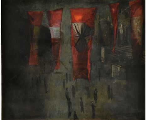 DAN WINGREN (American/Texas 1923-1998) A PAINTING, "Bad Day for a Festival," 1959, oil on canvas, signed and dated L/R, verso