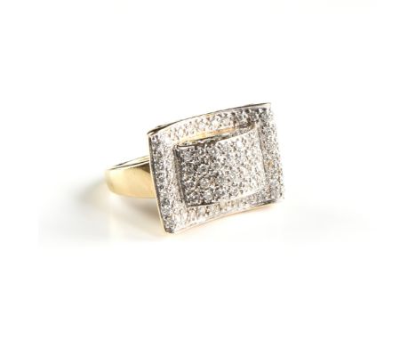 A LAURA RAMSEY PAVÉ DIAMOND AND 14K YELLOW GOLD RING, MARKED, of stylized buckle form with the top and sides set with sixty-e