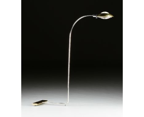 A CEDRIC HARTMAN LOW PROFILE LUMINAIRE FLOOR LAMP, AMERICAN, 1966-1988, brass and aluminum, signed at base. Height: 42 1/2" W