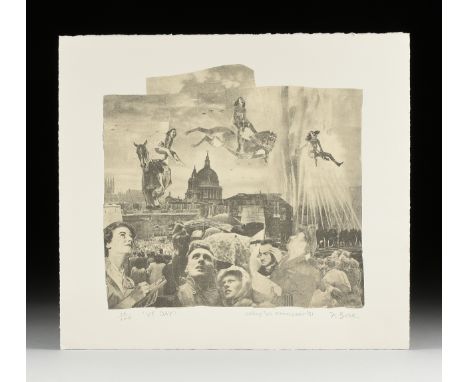 F. GORE (British 1913-2009) TWO PRINTS "VE Day," and "But Where Do I Get My Ration Book?" 1991, comprising two screenprints o