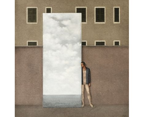 A BELGIAN SURREALIST STYLE PAINTING, "Shutters by the Sea with Acrobat," 20TH CENTURY, oil on masonite, signed indistinctly L