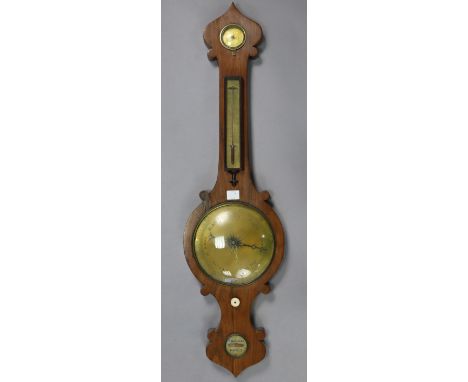 An early 19th century banjo barometer in rosewood case, with 7¾” diameter brass dial, 37” high; together with a late 19th cen