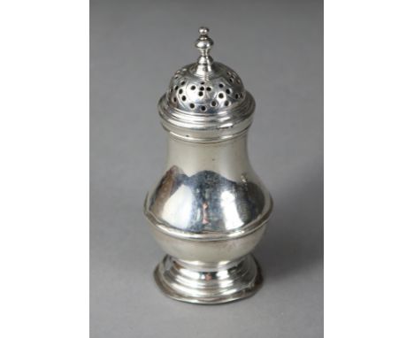 A George II silver baluster pepper pot, the pierced cover with swag decoration &amp; knop finial, on pedestal foot, 4½” high;