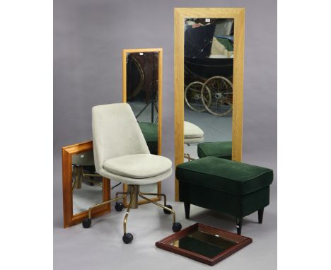 A modern swivel desk chair; together with a rectangular stool; &amp; four various wall mirrors.