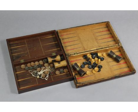 Two vintage sets of backgammon, each set in wooden case with chessboard exterior.