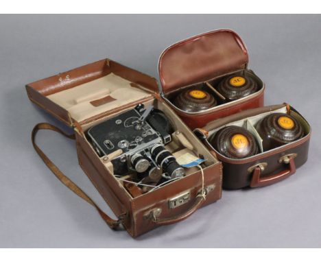 A vintage Paillard Bolex cine camera; &amp; two pairs of Lignum Vitae lawn bowls, each with case.