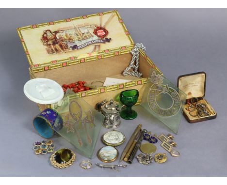 A silver-plated mustard pot; a cloisonné napkin ring; a composition portrait miniature, etc. 