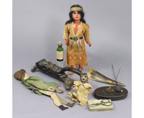 A snakeskin snuff box with parcel-gilt interior, 3¼” x 2”; a black lacquered oval ditto; four hair pins; three dolls, etc.