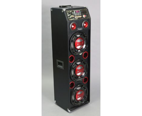 A Steepletone Bluetooth floor box speaker system with remote control.