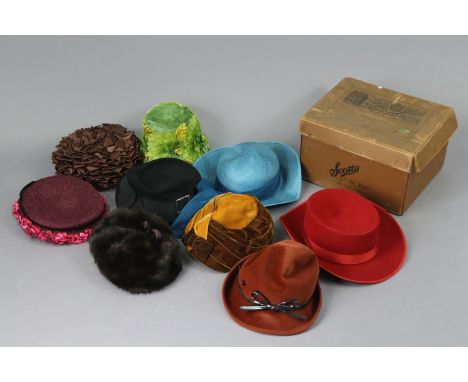 A Scott of London cardboard hatbox; &amp; nine various ladies’ hats.