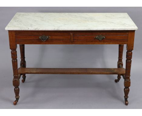 A Victorian mahogany marble-top side table, fitted two frieze drawers &amp; on ring-turned legs &amp; ceramic castors with st