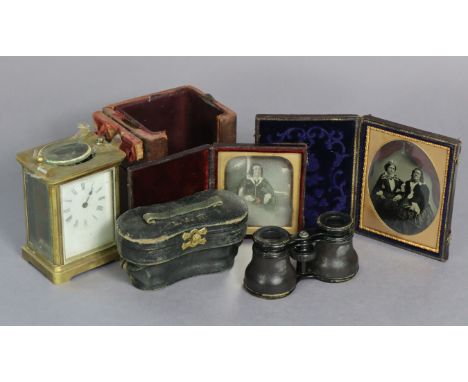 A brass-cased carriage timepiece, 4½” high, w.a.f.; together with a pair of opera glasses, cased, &amp; two daguerreotype por